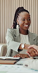 Document, woman and shaking hands in office for writer, news reporting and project update. Publishing agency, journalist and proposal for creative article, handshake and partnership in newsroom