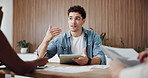 Man, team and discussion with tablet at office meeting for planning, explain or documents at media company. People, group and tech with application, feedback and collaboration at creative agency