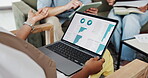 Team, online and hands with laptop screen in office, data analysis or performance review on website. Wealth manager, collaboration and people with tech for risk assessment, graphs and financial plan