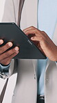 Hands, scroll and employee with tablet in studio, online or research for property listing on website. Browsing, info and person with tech for real estate investment, realtor and white background