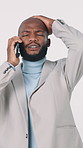 Stress, business and black man with phone call in studio for bad news, audit issue and mistake. Disappointed, person and mobile with negative feedback, finance fail and bankruptcy on white background