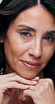 Face, skincare and woman in studio with natural beauty, aesthetic and healthy skin texture. Portrait, dermatology and mature person with cosmetics for anti aging, wellness and touch for self care