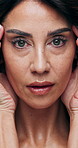 Woman, face and skincare with anti aging for beauty, results and dermatology with benefits for wellness. Mature person, closeup and portrait with touch for texture, glow or natural cosmetics in Italy