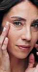 Skincare, woman and touch face for beauty, natural aesthetic and hydration for skin texture. Portrait, dermatology and mature person with cosmetics for anti aging, wellness and self care in studio