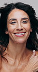 Face, hair care and woman in studio, shine and dermatology on white background. Mature person, happiness and aesthetic for beauty, glow and keratin for growth, volume and cosmetics for healthy scalp