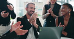 Applause, laptop and business people in office for meeting on investment approval with teamwork. Happy, clapping and financial advisors with computer for finance report in collaboration at workplace.