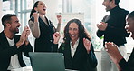 Applause, computer and business people in office for meeting on investment approval with teamwork. Happy, clapping and financial advisors with laptop for finance report in collaboration at workplace.