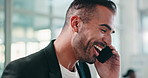 Phone call, investor or man in office, discussion or digital app for communication, funny or negotiation. Financial advisor, chatting or person in workplace, cellphone or speaking to contact or laugh