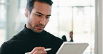 Business, man and reading with tablet in office for research, schedule viewing and real estate. Thinking, person and digital to email client, resale solution and pricing property for auction inquiry