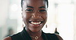 Finance, face or black woman in office with laugh, career pride or ambition as funding advisor. Flare, about us or investment consultant with happiness, confidence or experience in risk management.