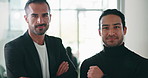Men, team and arms crossed with face at office with confidence for financial service at company. Business people, broker and advisor with collaboration, smile or asset management at investment agency