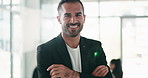 Face, businessman and arms crossed in office for career pride, about us and real estate agency. Portrait, male person and smile for realtor ambition, property development and housing consultant