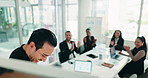 Businessman, meeting and group with applause for presentation or staff training on whiteboard. Man, speaker or talking with team clapping for project idea, success or job well done in workplace