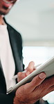 Businessman, hands and typing in office with tablet, online report and feedback for financial audit. Person, digital tech and stylus in workplace with accounting admin, finance review and proposal.