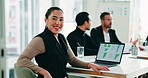 Face, meeting and happy woman with laptop screen in office, investment planning and performance review. Confident, financial advisor and team with computer for risk assessment, smile or data analysis