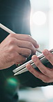 Businessman, hands and stylus in office with tablet, online checklist and financial report for audit. Flare, person and writing notes in workplace with tech, accounting compliance and finance review.