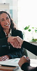 Handshake, meeting and thank you with business people in office together for agreement or deal. B2B, contract and smile with employee team shaking hands in boardroom of workplace for partnership