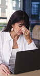 Frustrated, woman and headache with laptop in office for project deadline, pressure or strain. Female person, employee or mistake with migraine on computer for mental health, fatigue or burnout