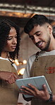 Team, tablet and barista or people in cafe for hospitality, digital inventory and restaurant supply checklist. Research, catering review and small business owner with man and woman in coffee shop