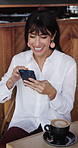 Smile, smartphone and woman in cafe, funny and digital app for social media, texting and internet. Customer, laughing and mature person in coffee shop, network and cellphone for online joke and humor