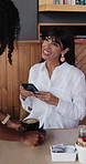 Happy woman, waiter and phone with coffee for serving, customer service or order in cafe. Female person, smile and mobile smartphone with drink for purchase, hospitality or catering in restaurant