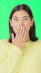 Face, shocked and woman with green screen in studio for fake news, unexpected gossip and disbelief. Portrait, female surprise and person laugh for funny rumor, dramatic reaction and secret revelation