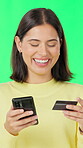 Credit card, online shopping and phone with woman on green screen for funny reaction to payment. App, ecommerce and laughing with happy person isolated on studio for deal, discount or retail sale