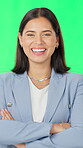 Realtor, face or woman on green screen with arms crossed, career or ambition as property seller. Housing industry, portrait or real estate agent with pride, job or confidence on studio background.