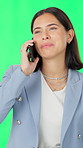 Green screen, investor and woman with smile, phone call for negotiation or talking on studio background. Financial advisor, communication or happy person with cellphone, discussion or investment deal