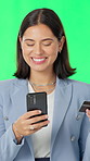 Businesswoman, payment and credit card on green screen with phone, company expense or eft transaction. Happy, person and fintech in studio with digital banking, finance or settlement of startup bills