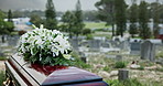Funeral, coffin and graveyard with flowers in nature for death, passing or outdoor memorial service. Empty, casket and wooden box with protection in cemetery for tradition or culture at burial site