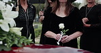 Sad, casket and people at graveyard for funeral, goodbye and mourning for loss, roses and depression. Cemetery, family and burial for death, flower bouquet and memorial service with grief or greeting