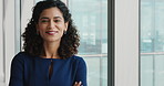 Face, business and happy woman in office, arms crossed and compliance agent with space for career. Portrait, about us and employee with confidence, regulatory consultant or policy expert in Brazil