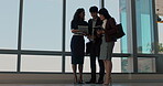 Review, chat or people in office with file, feedback or budget insight in funding pitch. Collaboration, brief or finance consultants with report, proposal ideas or portfolio check in investment plan.