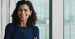 Face, business and happy woman in office, confidence and compliance agent with career ambition. Portrait, about us and employee with arms crossed, regulatory consultant or policy expert in Brazil