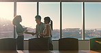 Business, sunshine or people in boardroom with handshake, greeting or meeting for b2b deal. Networking, flare or employees in office with introduction, agreement or opportunity for partnership.