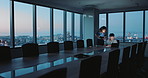 Business people, tablet and night at office with planning, conversation or insight at insurance company. Man, woman and team with tech in boardroom for feedback, app and risk assessment job at agency
