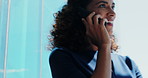 Business, woman and talk in office with phone call, real estate update and plan for property listing. Realtor, female person and conversation in workplace with tech, contact and feedback for housing.
