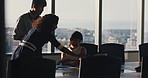 Review, brief or people in office with laptop, feedback or budget insight in funding pitch. Collaboration, advice or finance consultants with tech, proposal idea or portfolio check in investment plan