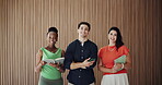 Team, face and tech with notebook in business for journalism, news reporting or about us pride. Journalists, tablet and happy people with phone at agency for copywriting notes, career growth or space