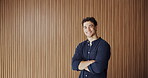Face, corporate and man with arms crossed in office for career pride, about us and real estate. Portrait, male person and space with ambition, auction consultant and viewing for property development 