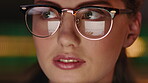 Business, glasses and woman typing on computer for information, research or data capturing at night. Closeup, reading specs and professional person with technology for report deadline in office