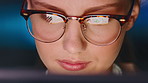 Night, glasses or woman in office with tablet, online report or funding research for budget pitch. Review, specs or financial consultant with tech, investment check or proposal planning on late shift