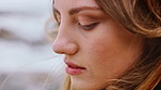 Thinking, calm and woman outdoor with reflection, memory or planning on holiday, getaway or travel. Relax, nostalgia and female person with peace, mindfulness or self care weekend trip or vacation.