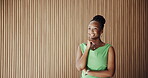 Planning, happy and woman with thinking in office for startup vision, career insight and mission. Space, black person and reflection at work for company development, venture opportunity and decision