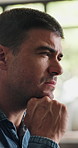 Thinking, serious and man in home for remote work, remember audience uproar and news article fail. Wrong story angle, perspective and journalist with regret for source protection, upset and freelance