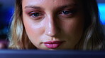 Technology, woman and programmer in office at night for research on coding project with deadline. Reading, overtime and female web designer with online update for software development in workplace.