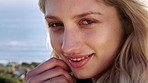 Face, relax and woman in nature for vacation, peace and calm on weekend break at retreat. Smile, happiness and person rest outdoor in countryside for chill, tourism trip and holiday in Canada