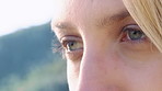 Breathing, hiking and vision with woman outdoor for reflection, fresh air or travel inspiration. Adventure, explore and sightseeing with calm hiker person in nature for health, peace or wellness