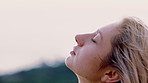 Breathing, hiking and profile of woman in nature for calm morning, fresh air or travel hobby. Adventure, explore and mindfulness with hiker person outdoor for health, peace or wellness activity